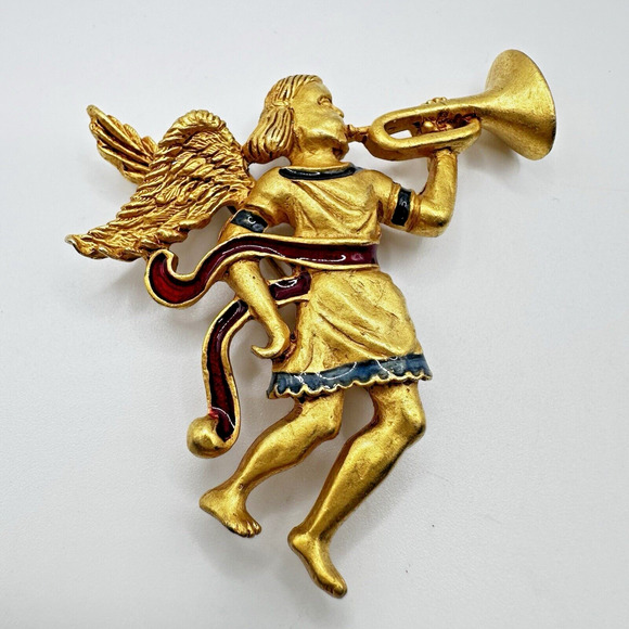 Vintage Museum of American Folk Art Angel Trumpeting Brooch Gold Tone Enamel - Picture 13 of 15